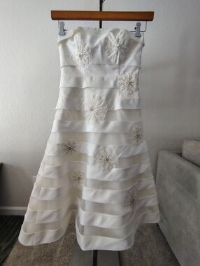 Galina Ivory Satin Organza Wedding Dress w Netting, Knee Length, Sz 4 Small